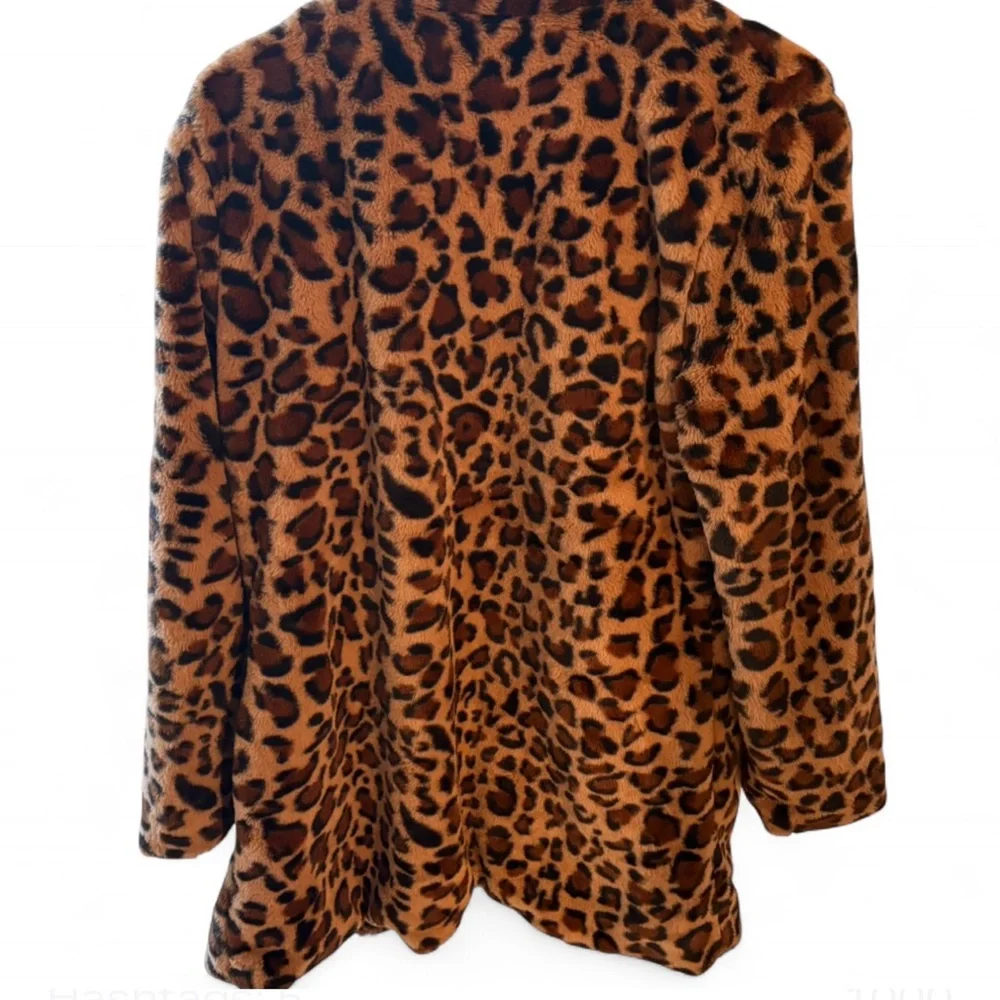 LOVE TREE Leopard Faux Fur Coat Brown Black Plush Statement Jacket Size L - Picture 2 of 7